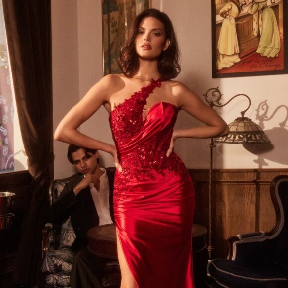 One Shoulder Dress Satin Floral Gown Bow One-shoulder Floral Satin